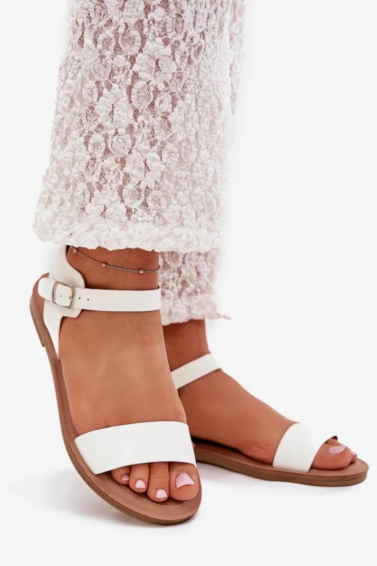 Sandały Damskie Na Płaskim Obcasie Eko Skórzane Białe Kivara