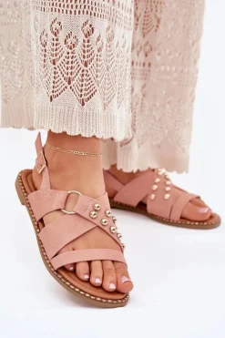 Sandały Damskie Na Płaskim Obcasie Ze Złotymi Ćwiekami Różowe Zanira