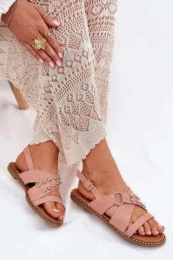 Sandały Damskie Na Płaskim Obcasie Ze Złotymi Ćwiekami Różowe Zanira