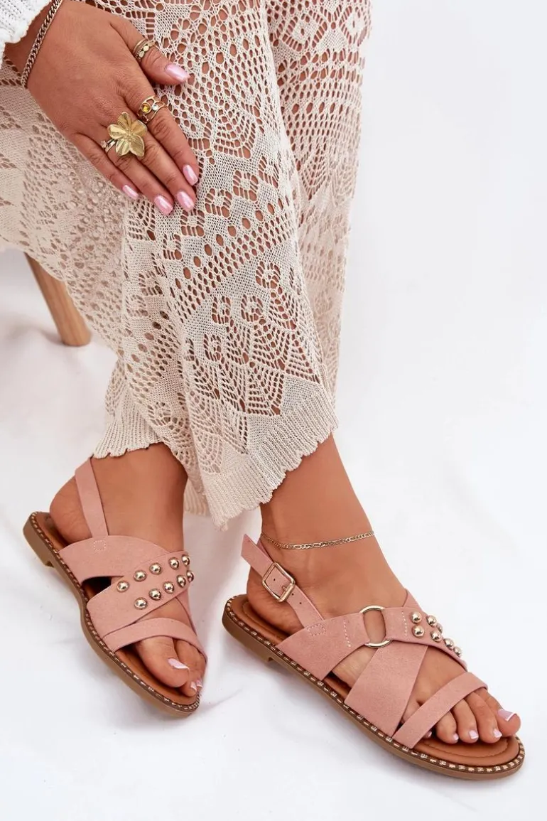 Sandały Damskie Na Płaskim Obcasie Ze Złotymi Ćwiekami Różowe Zanira