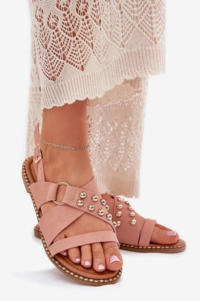 Sandały Damskie Na Płaskim Obcasie Ze Złotymi Ćwiekami Różowe Zanira