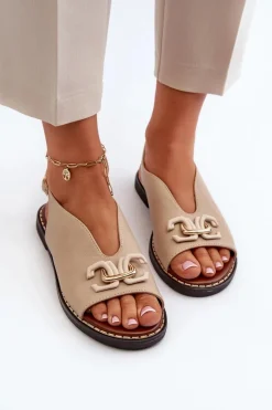 Sandały Damskie Na Płaskim Obcasie Z Ozdobą Beżowe Loraeleh