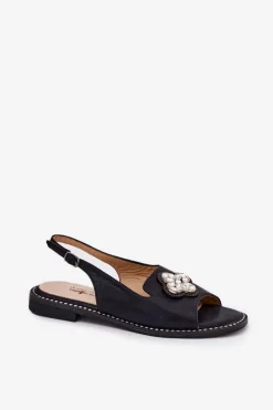 Sandały Damskie Na Płaskim Obcasie Z Ozdobnym Detalem S.Barski KV51-080 Czarne