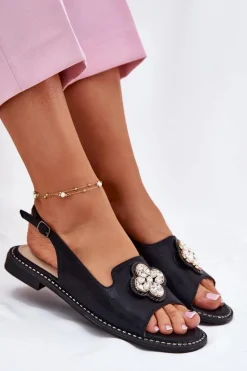 Sandały Damskie Na Płaskim Obcasie Z Ozdobnym Detalem S.Barski KV51-080 Czarne