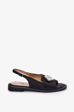 Sandały Damskie Na Płaskim Obcasie Z Ozdobnym Detalem S.Barski KV51-080 Czarne