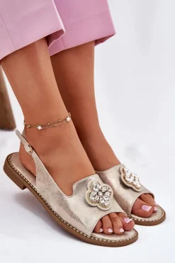 Sandały Damskie Na Płaskim Obcasie Z Ozdobnym Detalem S.Barski KV51-080 Złote