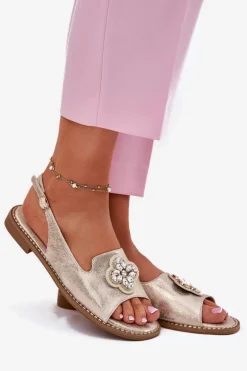 Sandały Damskie Na Płaskim Obcasie Z Ozdobnym Detalem S.Barski KV51-080 Złote