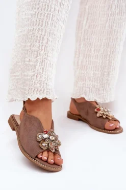 Sandały Damskie Na Płaskim Obcasie Z Ozdobą S.Barski KV27-001 Ciemnobeżowe