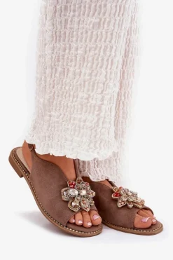 Sandały Damskie Na Płaskim Obcasie Z Ozdobą S.Barski KV27-001 Ciemnobeżowe