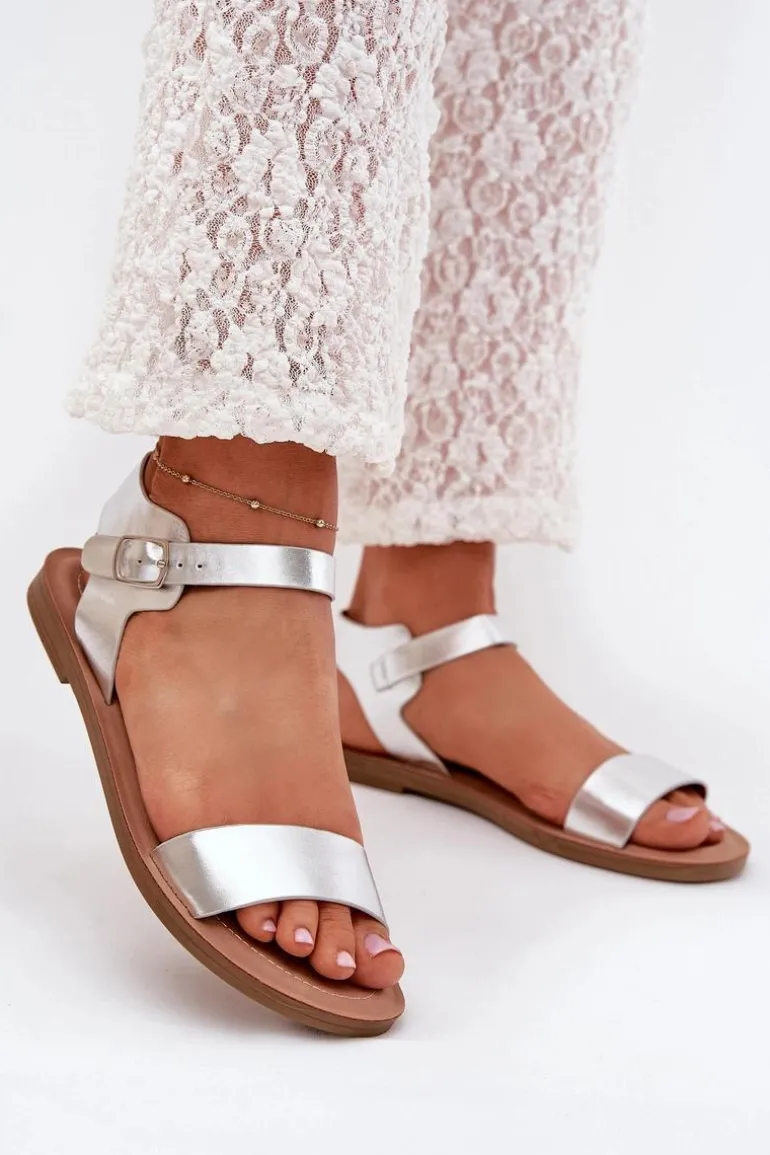 Sandały Damskie Na Płaskim Obcasie Eko Skórzane Srebrne Kivara