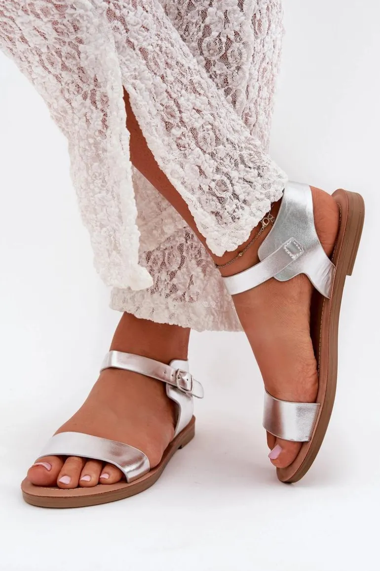 Sandały Damskie Na Płaskim Obcasie Eko Skórzane Srebrne Kivara