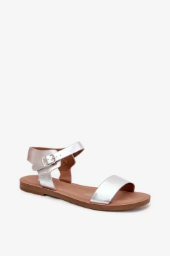 Sandały Damskie Na Płaskim Obcasie Eko Skórzane Srebrne Kivara