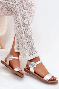 Sandały Damskie Na Płaskim Obcasie Eko Skórzane Srebrne Kivara