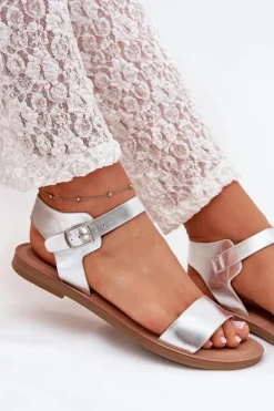 Sandały Damskie Na Płaskim Obcasie Eko Skórzane Srebrne Kivara