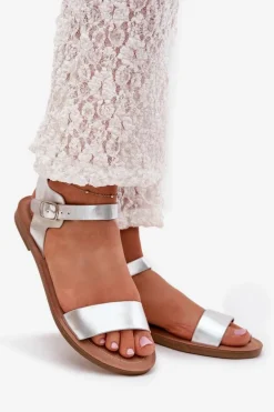 Sandały Damskie Na Płaskim Obcasie Eko Skórzane Srebrne Kivara