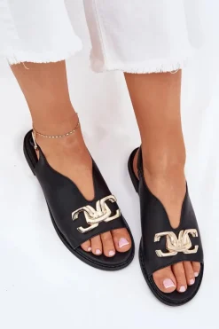Sandały Damskie Na Płaskim Obcasie Ze Złotą Ozdobą Czarne Amelira