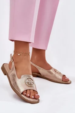 Sandały Damskie Na Płaskim Obcasie Z Ozdobą S.Barski KV51-002 Różowe Złoto