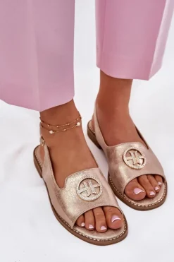 Sandały Damskie Na Płaskim Obcasie Z Ozdobą S.Barski KV51-002 Różowe Złoto