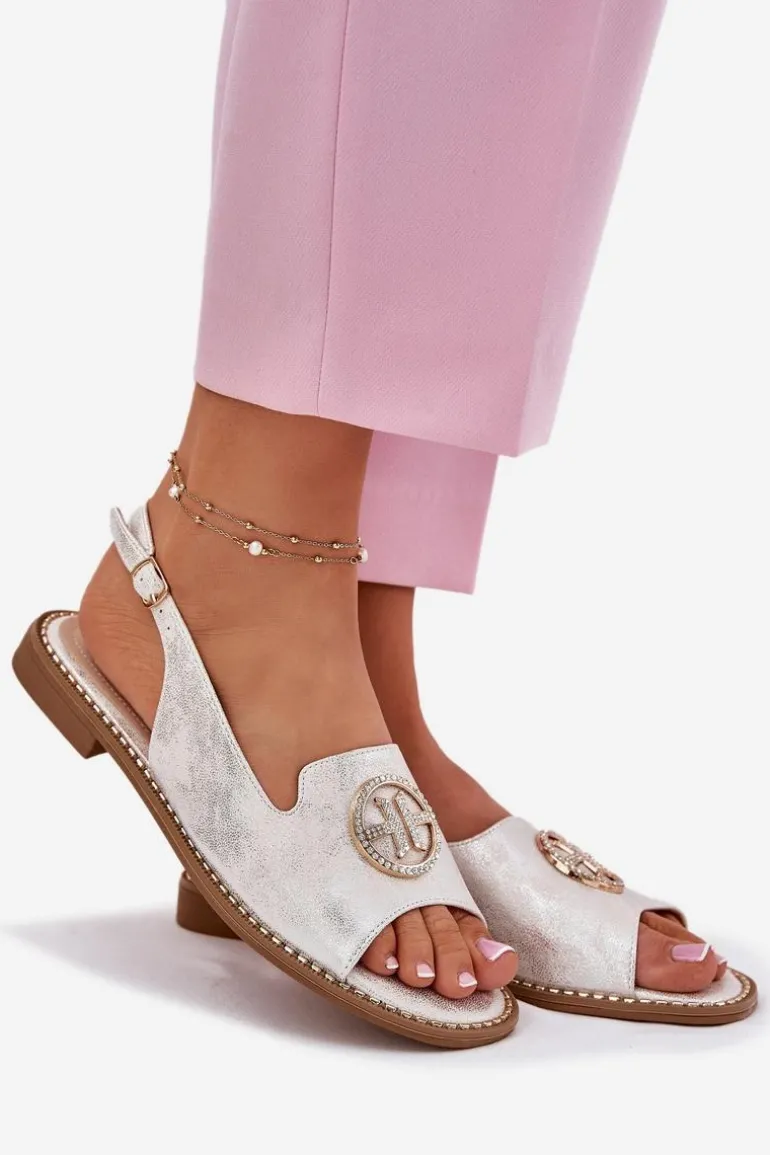 Sandały Damskie Na Płaskim Obcasie Z Ozdobą S.Barski KV51-002 Srebrne