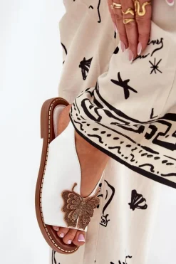 Sandały Damskie Na Płaskim Obcasie Z Ozdobą Białe Setorina