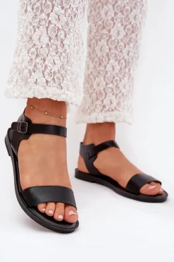 Sandały Damskie Na Płaskim Obcasie Eko Skórzane Czarne Kivara