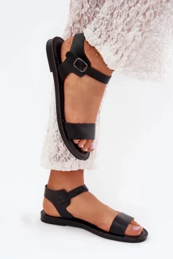 Sandały Damskie Na Płaskim Obcasie Eko Skórzane Czarne Kivara