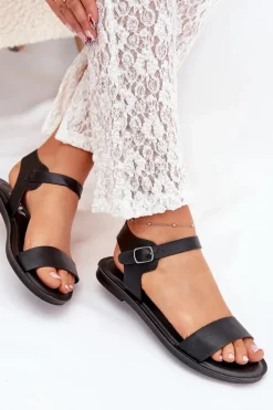 Sandały Damskie Na Płaskim Obcasie Eko Skórzane Czarne Kivara