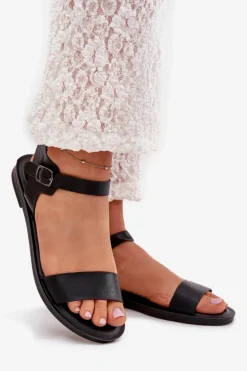 Sandały Damskie Na Płaskim Obcasie Eko Skórzane Czarne Kivara