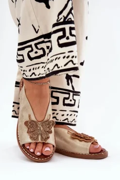 Sandały Damskie Na Płaskim Obcasie Z Ozdobą Złote Setorina