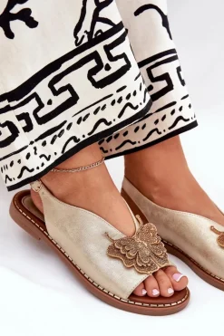 Sandały Damskie Na Płaskim Obcasie Z Ozdobą Złote Setorina