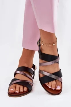 Sandały Damskie Na Płaskim Obcasie Z Paskami Sergio Leone SK086H Czarne