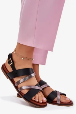 Sandały Damskie Na Płaskim Obcasie Z Paskami Sergio Leone SK086H Czarne