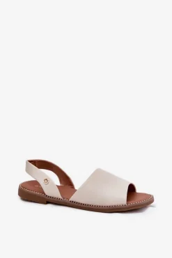 Sandały Damskie Na Płaskim Obcasie Eko Skórzane Beżowe Dereka