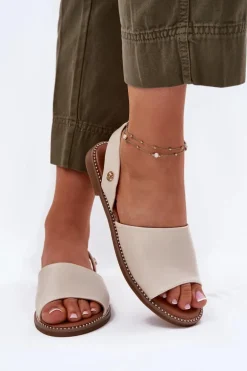 Sandały Damskie Na Płaskim Obcasie Eko Skórzane Beżowe Dereka