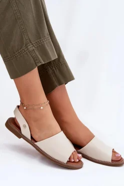 Sandały Damskie Na Płaskim Obcasie Eko Skórzane Beżowe Dereka