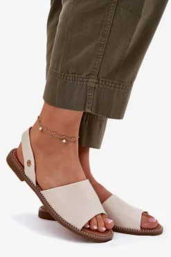 Sandały Damskie Na Płaskim Obcasie Eko Skórzane Beżowe Dereka