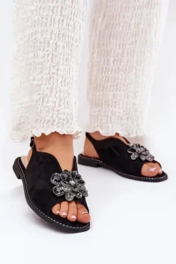 Sandały Damskie Na Płaskim Obcasie Z Ozdobą S.Barski KV27-001 Czarne