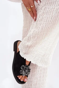 Sandały Damskie Na Płaskim Obcasie Z Ozdobą S.Barski KV27-001 Czarne