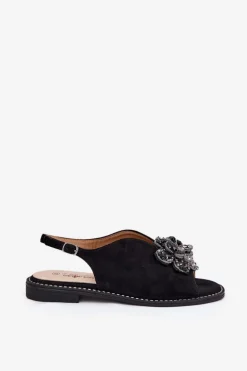 Sandały Damskie Na Płaskim Obcasie Z Ozdobą S.Barski KV27-001 Czarne