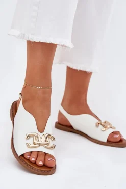 Sandały Damskie Na Płaskim Obcasie Ze Złotą Ozdobą Białe Amelira