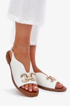 Sandały Damskie Na Płaskim Obcasie Ze Złotą Ozdobą Białe Amelira