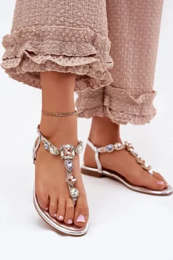 Sandały Damskie Na Płaskim Obcasie Z Kryształkami Srebrne Fiolalia