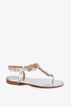 Sandały Damskie Na Płaskim Obcasie Z Kryształkami Srebrne Fiolalia