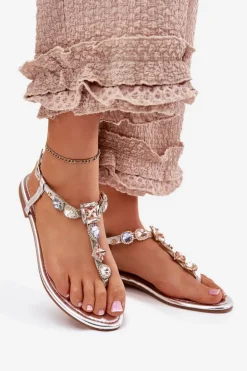 Sandały Damskie Na Płaskim Obcasie Z Kryształkami Srebrne Fiolalia