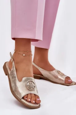 Sandały Damskie Na Płaskim Obcasie Z Ozdobą S.Barski KV51-002 Złote