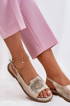 Sandały Damskie Na Płaskim Obcasie Z Ozdobą S.Barski KV51-002 Złote