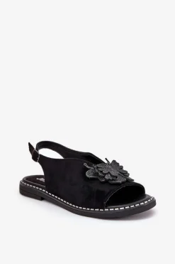 Sandały Damskie Na Płaskim Obcasie Z Ozdobą Czarne Setorina