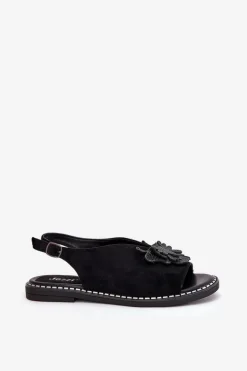 Sandały Damskie Na Płaskim Obcasie Z Ozdobą Czarne Setorina