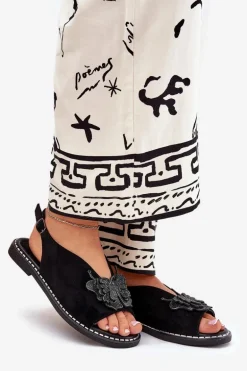 Sandały Damskie Na Płaskim Obcasie Z Ozdobą Czarne Setorina