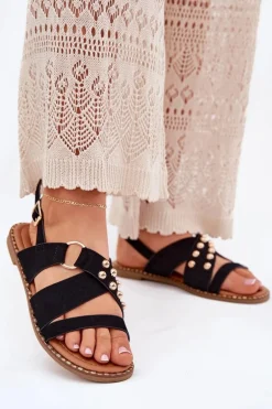 Sandały Damskie Na Płaskim Obcasie Ze Złotymi Ćwiekami Czarne Zanira